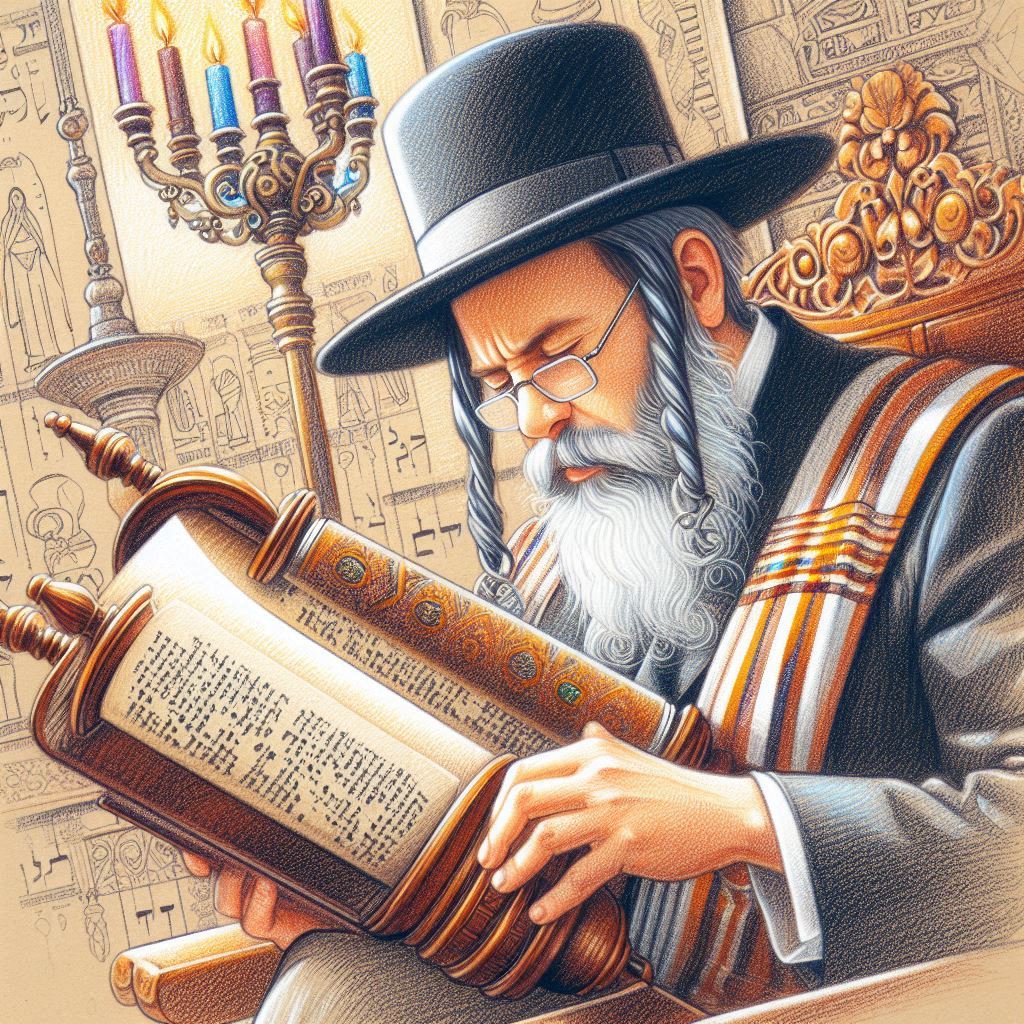 A religious Jewish man reading from a Torah scroll