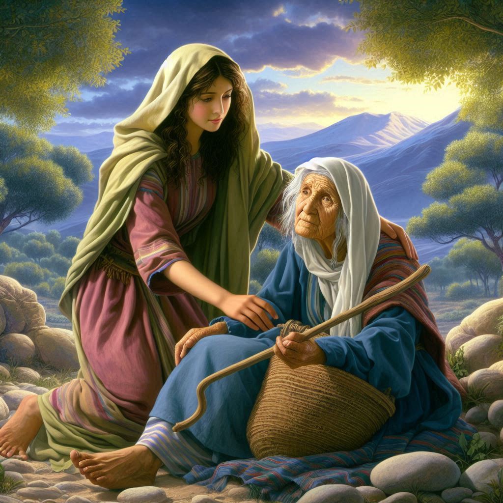 Ruth, a Moabite woman caring for old Naomi, a Jewish woman